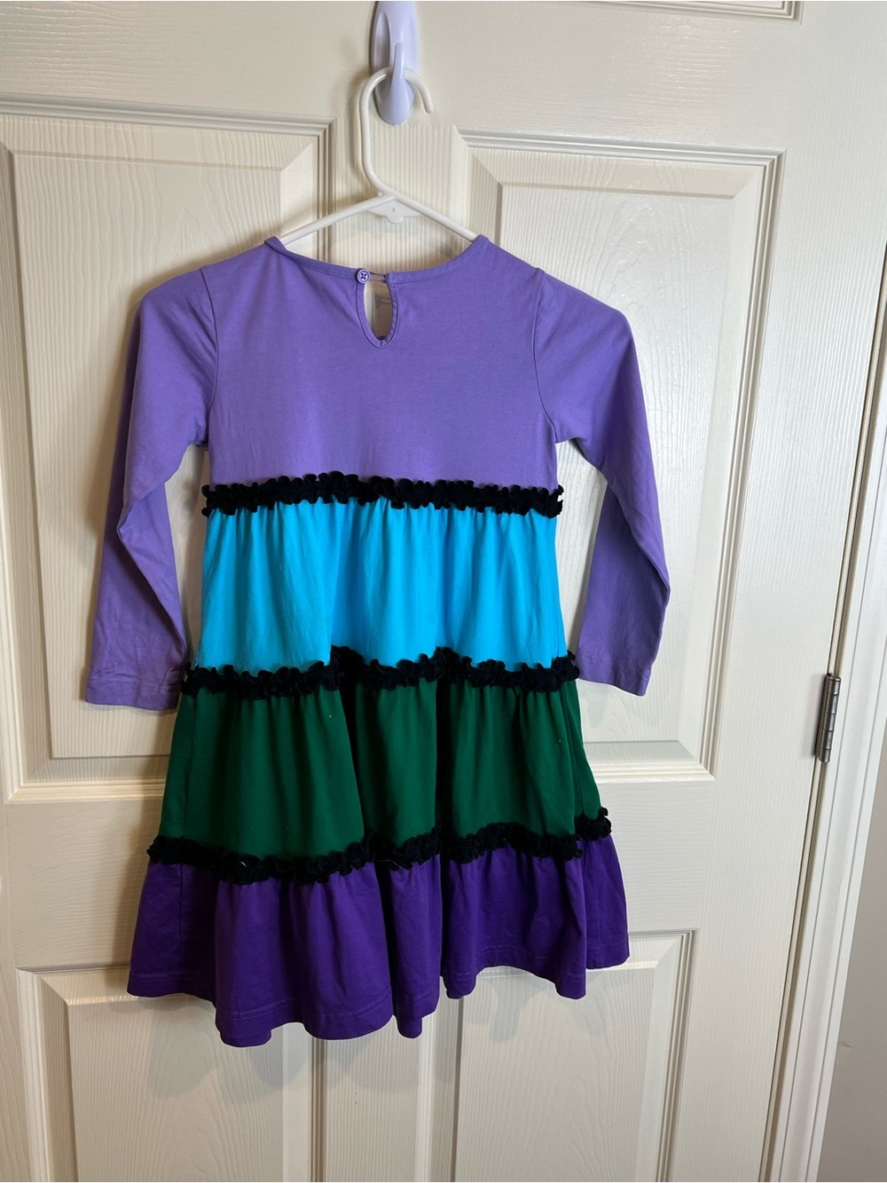 Hanna Andersson Girls Colorblock Ruffle Long Sleeve Dress - Purple, Teal, Green - Picture 3 of 12